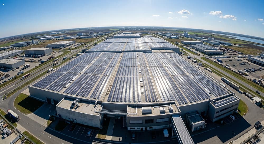 고해상도 Arri Alexa 65 카메라와 14mm wide-angle lens로 촬영한 드론 뷰 기반의 대규모 공장 지붕 태양광 패널 배치도입니다. 태양광 반사가 Physically Based Rendering (PBR) 수식에 따라 silicon texture와 결합되어 실사 수준의 realism을 구현합니다.