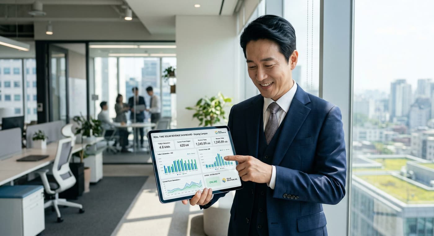 현대적인 사무실에서 신뢰감 있는 미소를 지으며 태블릿의 실시간 태양광 수익 대시보드(Solar power revenue dashboard)를 확인하는 비즈니스맨의 8k 고해상도 이미지.