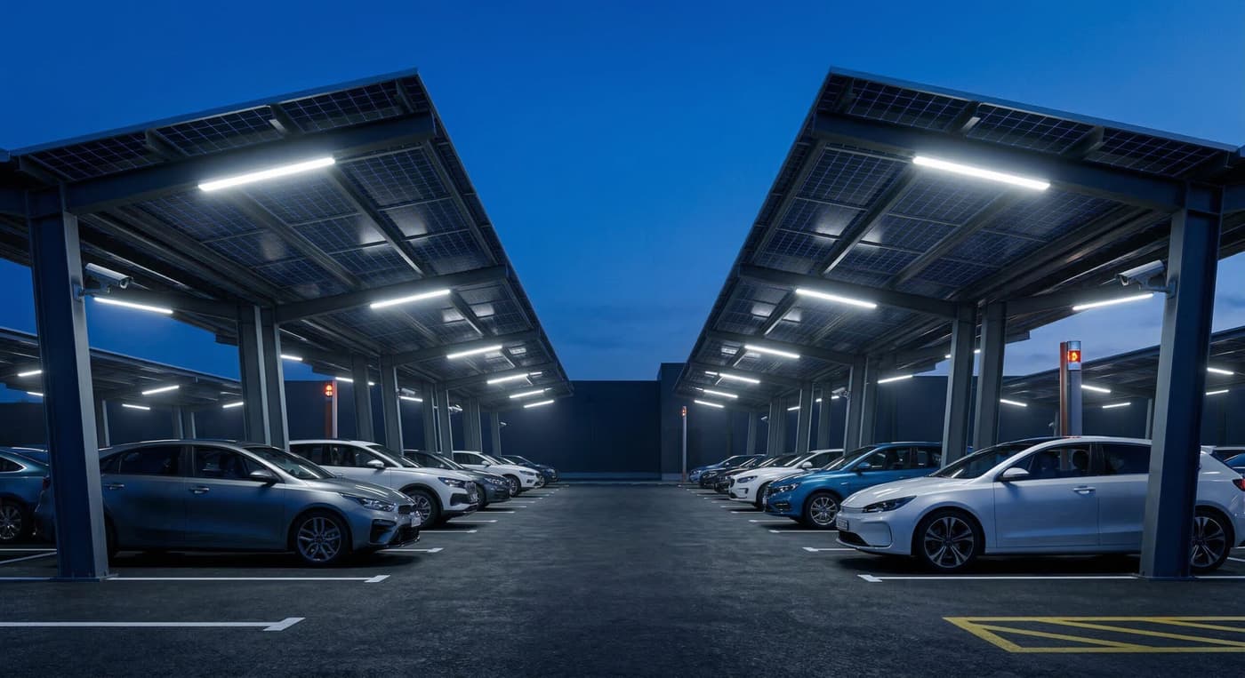 밝은 LED 조명과 지능형 보안 시스템이 통합된 현대적인 공영주차장 태양광 발전소 전경. 포스맥(PosMAC) 구조물의 견고함과 도시의 안전한 인프라가 강조됨. (Modern public solar carport with integrated LED lighting and high-tech security systems, highlighting PosMAC structures and urban safety.)