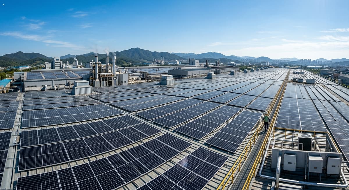 태양광 패널이 설치된 대규모 산업 공장 옥상의 wide-angle cinematic 뷰로, 고효율 solar cells와 silver PosMAC frames의 거친 질감이 8k resolution으로 표현된 실사 사진.