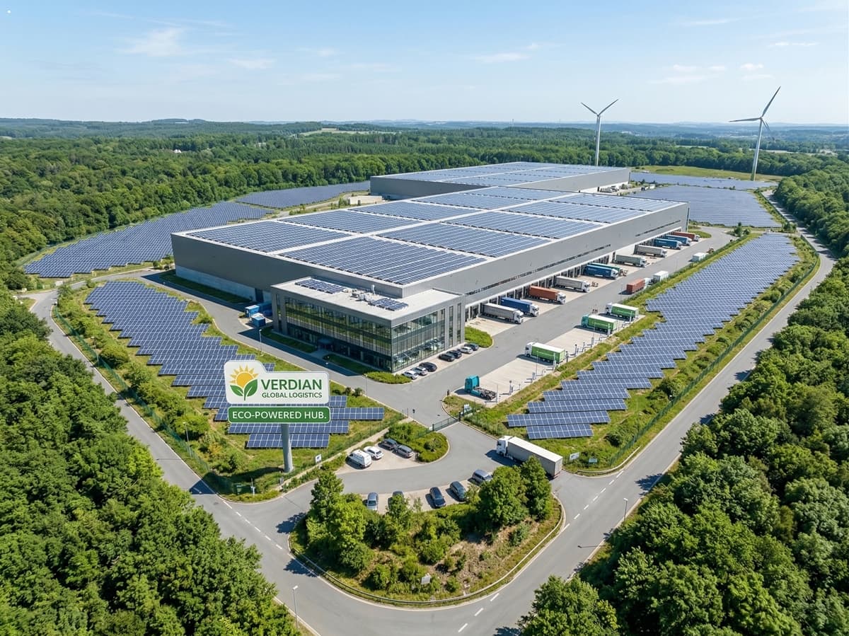 울창한 숲에 둘러싸인 solar power plants와 현대적인 logistics center가 조화를 이룬 sustainable energy management 강조 하이리얼리즘 풍경 사진 (High-resolution realistic landscape of a logistics center with solar panels surrounded by lush green trees, emphasizing sustainable energy).